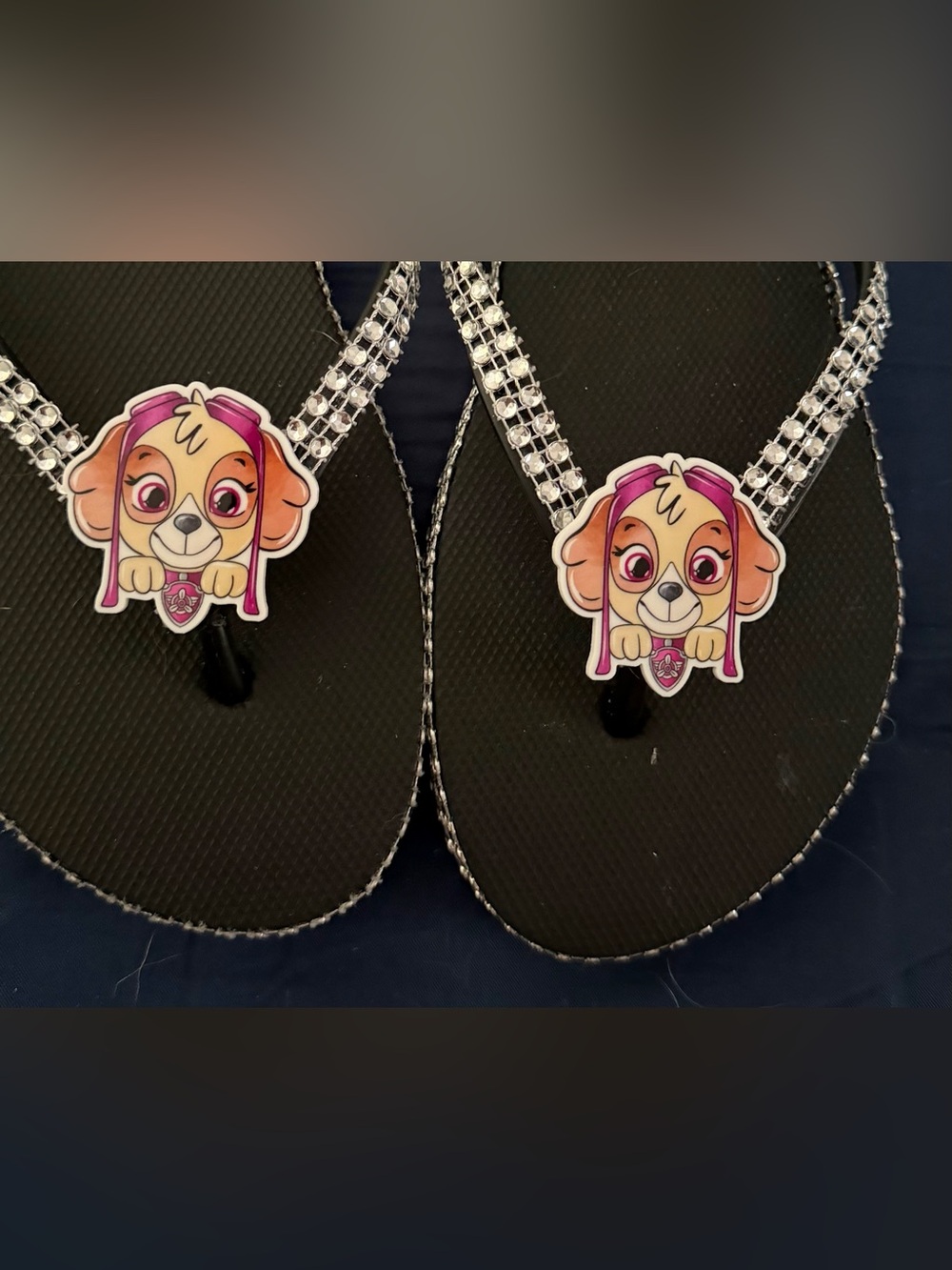 Black Rhinestone Dog Charm Flip Flops with Pink Puppy Accent